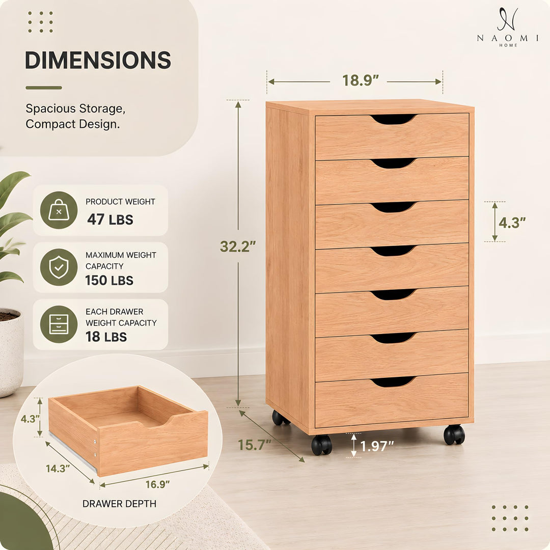 Debbie 7-Drawer Storage Cabinet with Wheels & Tabletop - Natural