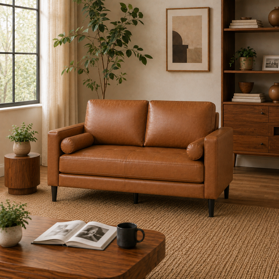 Velonie Air Leather Mid-Century Loveseat with Bolster Pillows