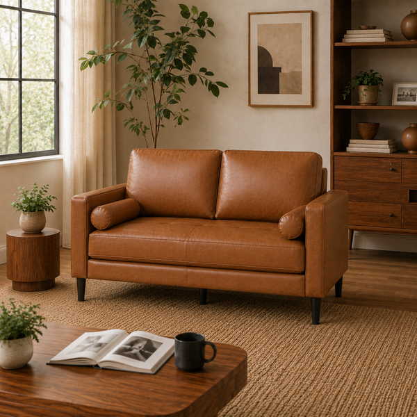 Velonie Air Leather Mid-Century Loveseat with Bolster Pillows