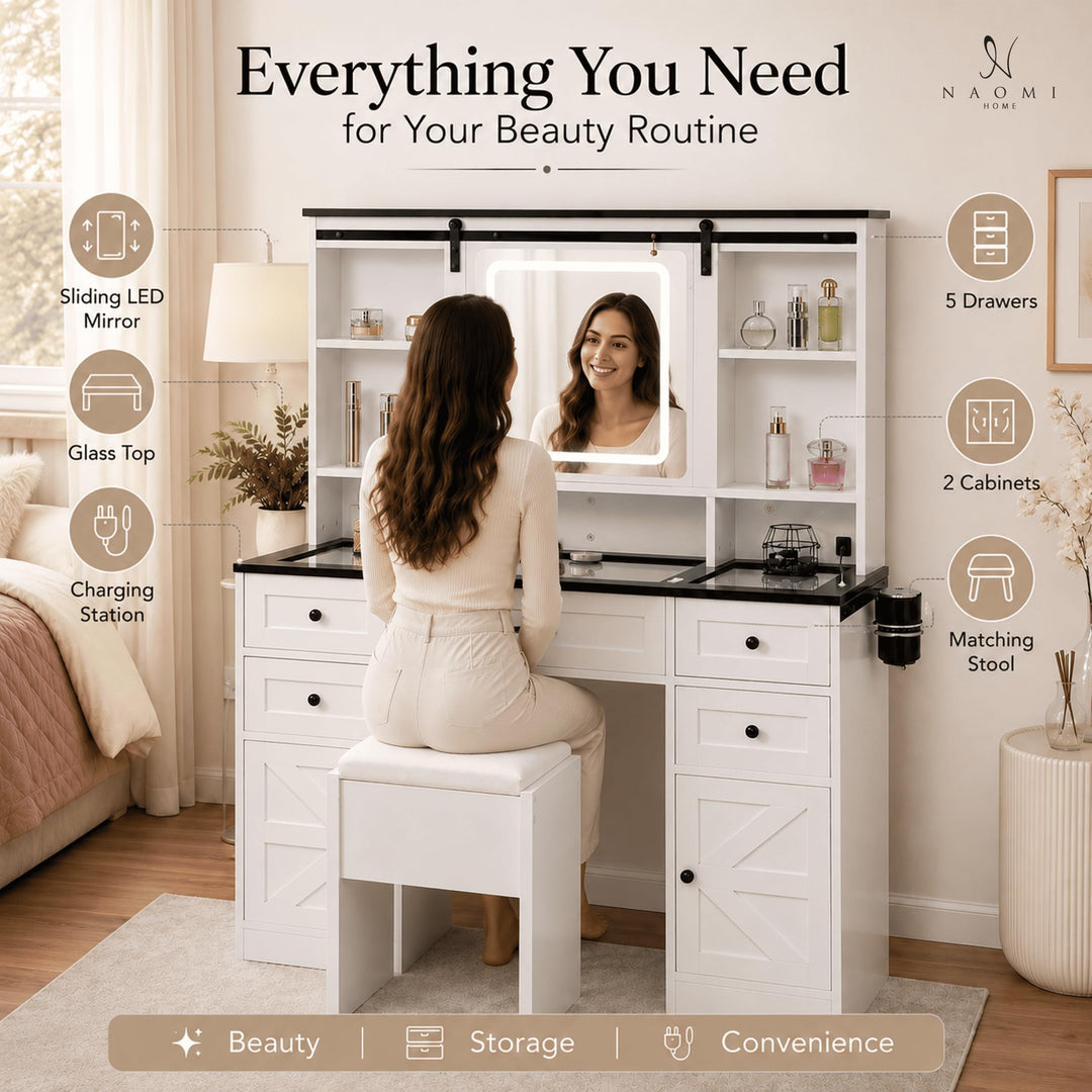 Vanya Makeup Vanity with Sliding LED Mirror & Charging – White