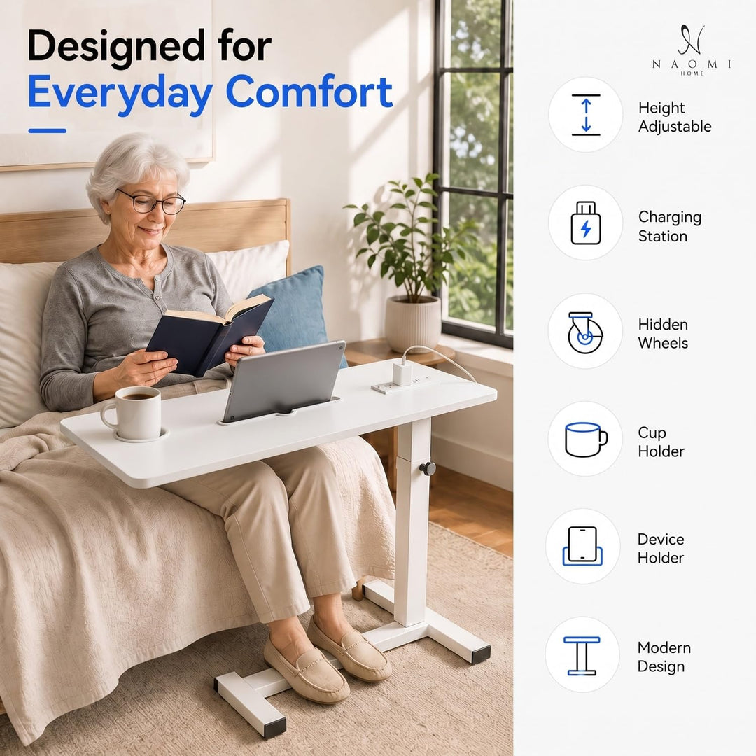 Adjustable Overbed Table with Charging Station - White / White