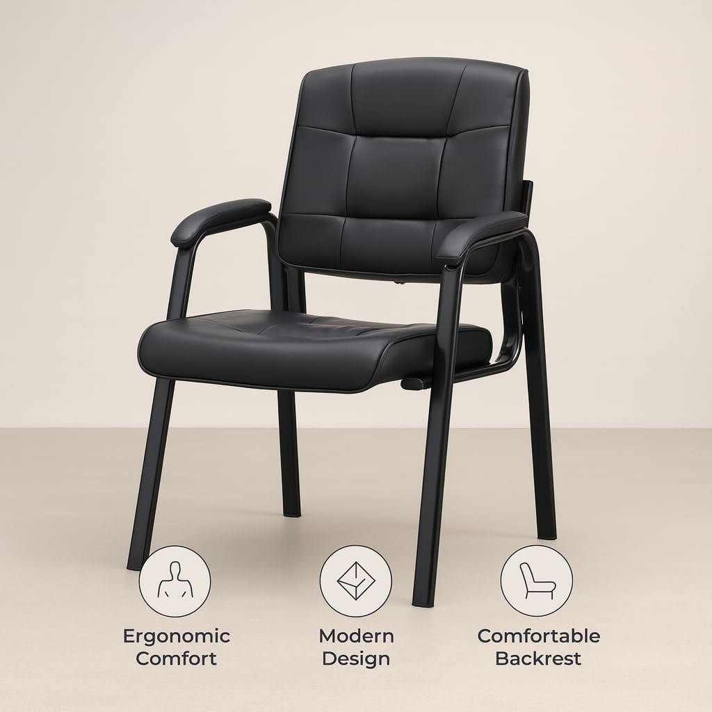Mindy Reception Chair - Faux Leather Upholstery with Padded Arms - Black / Set of 2