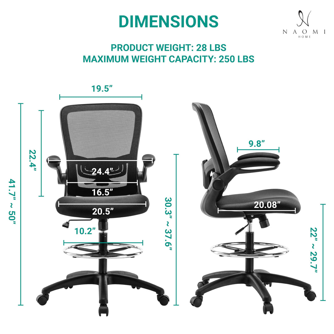 Serena Mesh Drafting Chair with Adjustable Foot Ring - Black