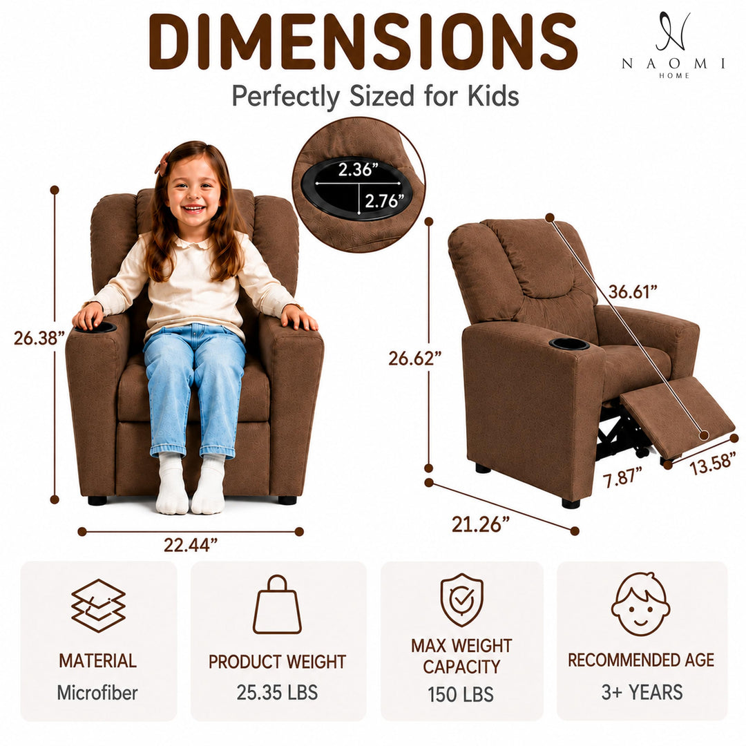 Suri Push Back Kids Recliner with Footrest & Cup Holders - Brown / Microfiber