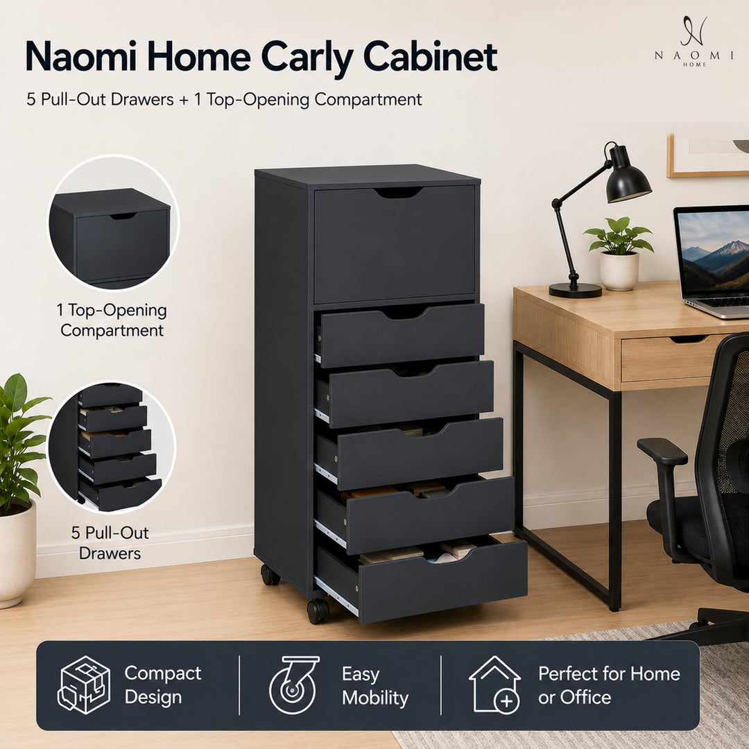 Carly 6-Drawer Storage Cabinet with Wheels - Black