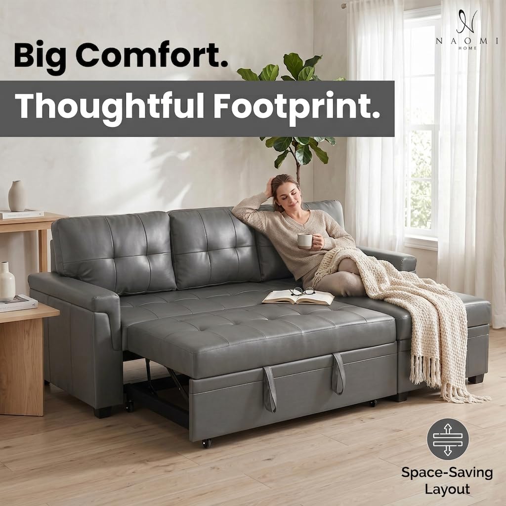 Laura 84" L-Shaped Sleeper Sectional Sofa with Storage Chaise - Gray / Air Leather