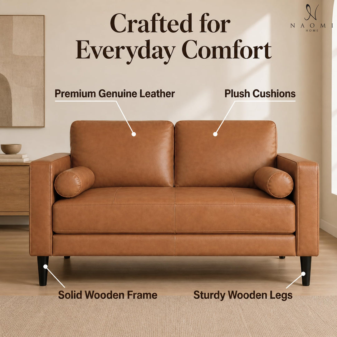 Marisa Genuine Leather Mid-Century Loveseat with Bolster Pillows