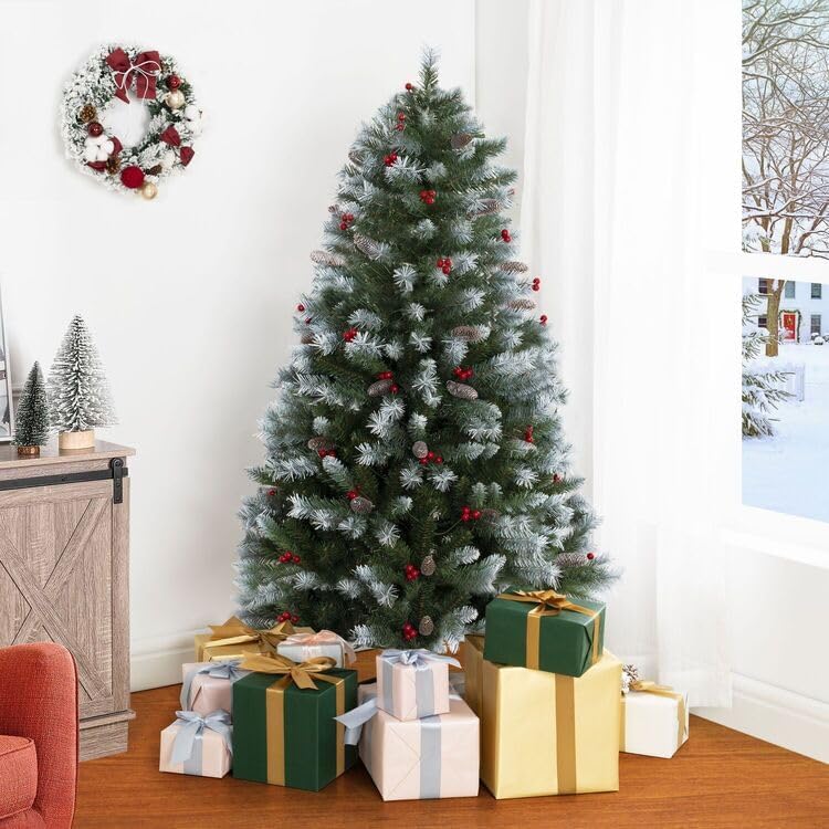 Vancouver Spruce Frosted Pre-Lit Christmas Tree with Pine Cones Berries - 4.5 ft