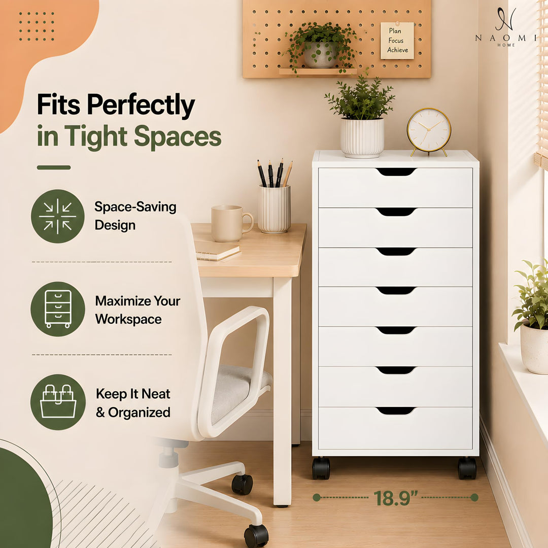 Debbie 7-Drawer Storage Cabinet with Wheels & Tabletop - White