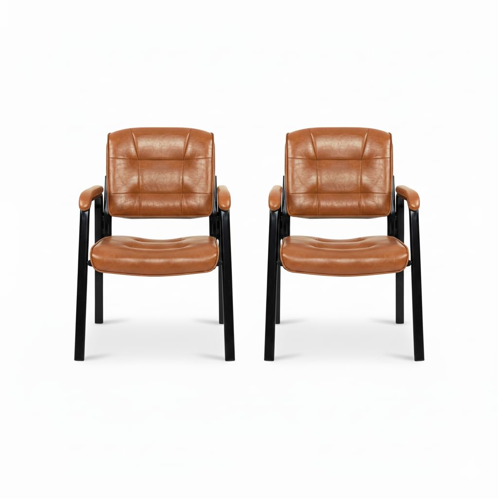 Mindy Reception Chair - Faux Leather Upholstery with Padded Arms - Caramel / Set of 2