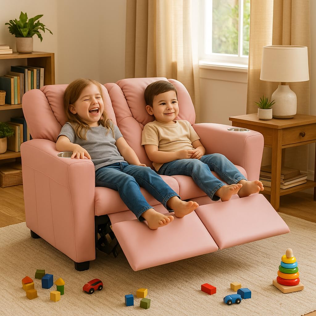 Suri Kids Recliner Loveseat with Dual Cup Holders - Pink / Pvc