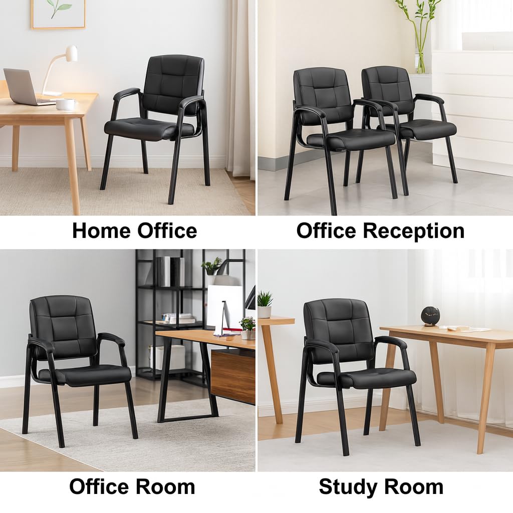 Mindy Reception Chair - Faux Leather Upholstery with Padded Arms - Black / Set of 2