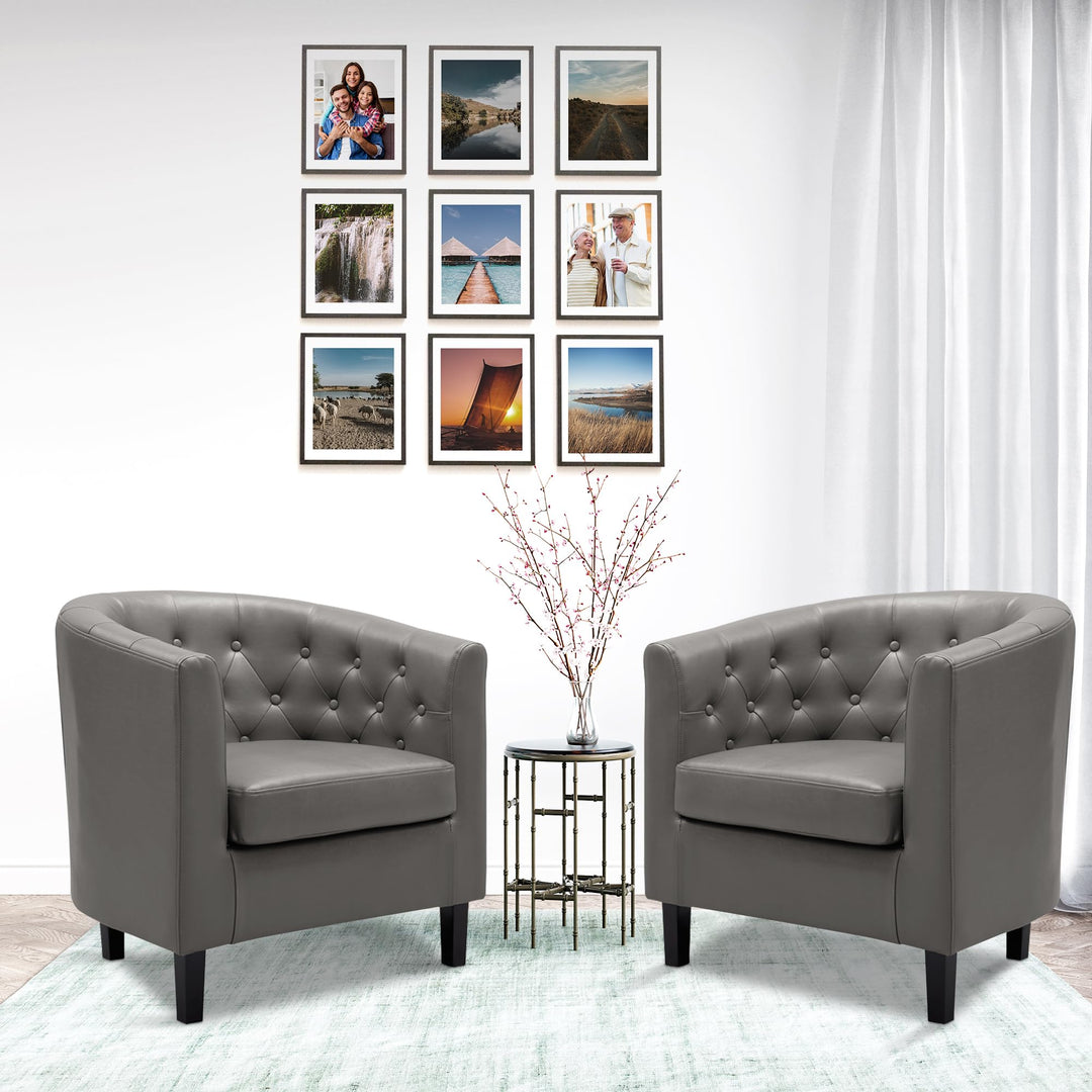 Emma Set of 2 Button-Tufted Faux Leather Barrel Chairs - Gray