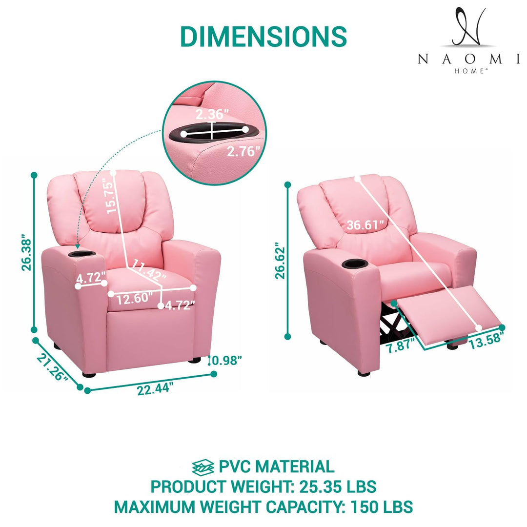 Suri Push Back Kids Recliner with Footrest & Cup Holders - Pink / Pvc