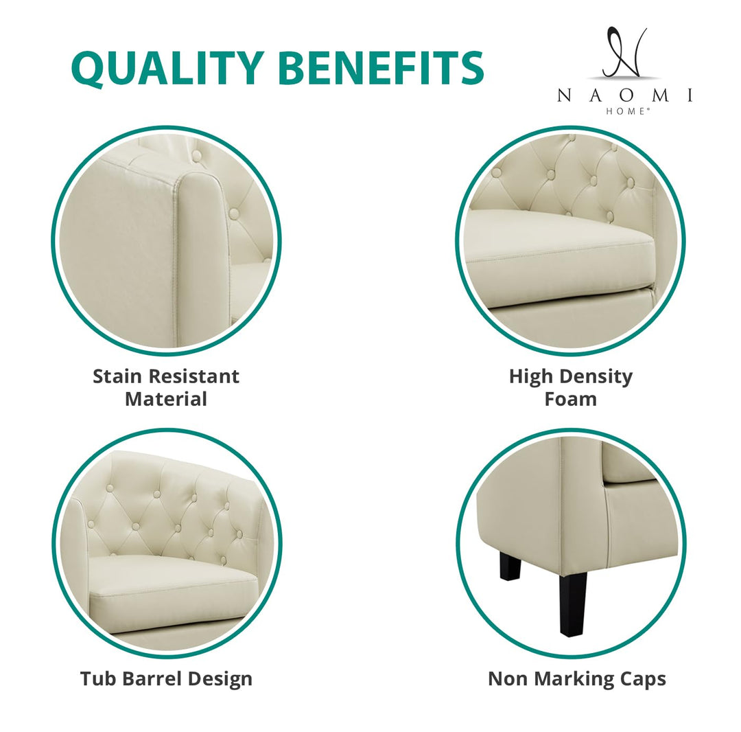 Emma Set of 2 Button-Tufted Faux Leather Barrel Chairs - Cream
