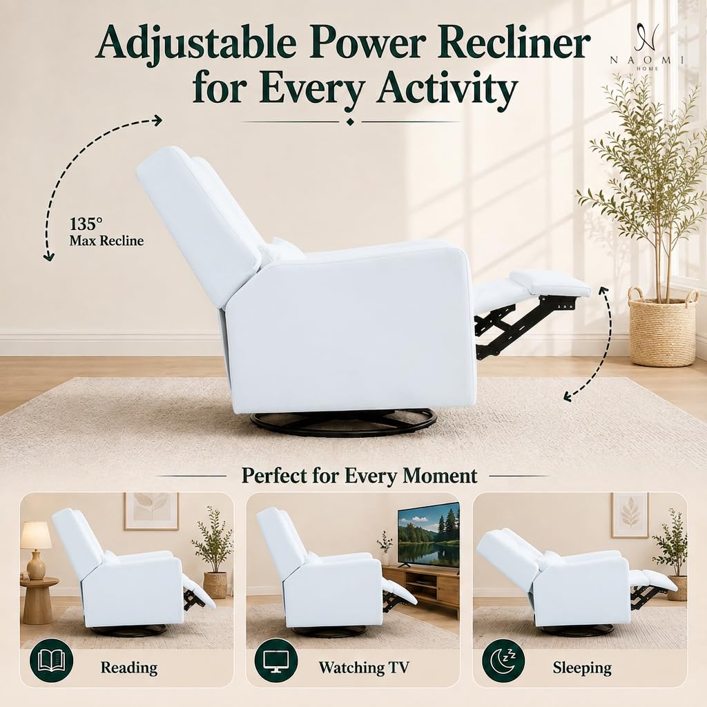 Tanya Power Swivel Glider Recliner with USB Port - Bright White