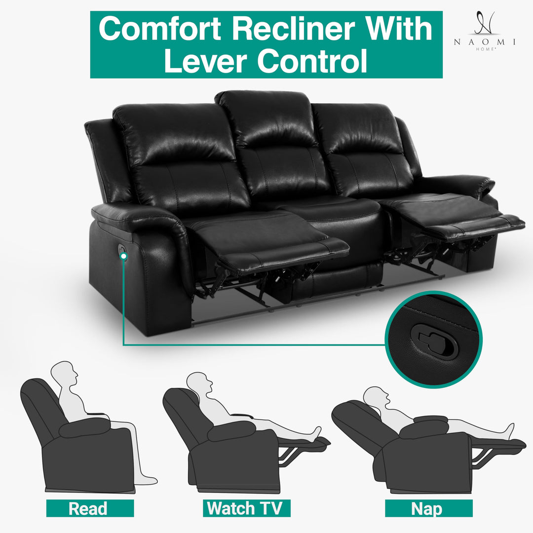Katie Faux Leather 3-Seater Manual Recliner Sofa - Black