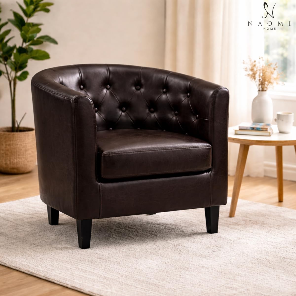 Emma button tufted faux leather barrel accent chair   espresso