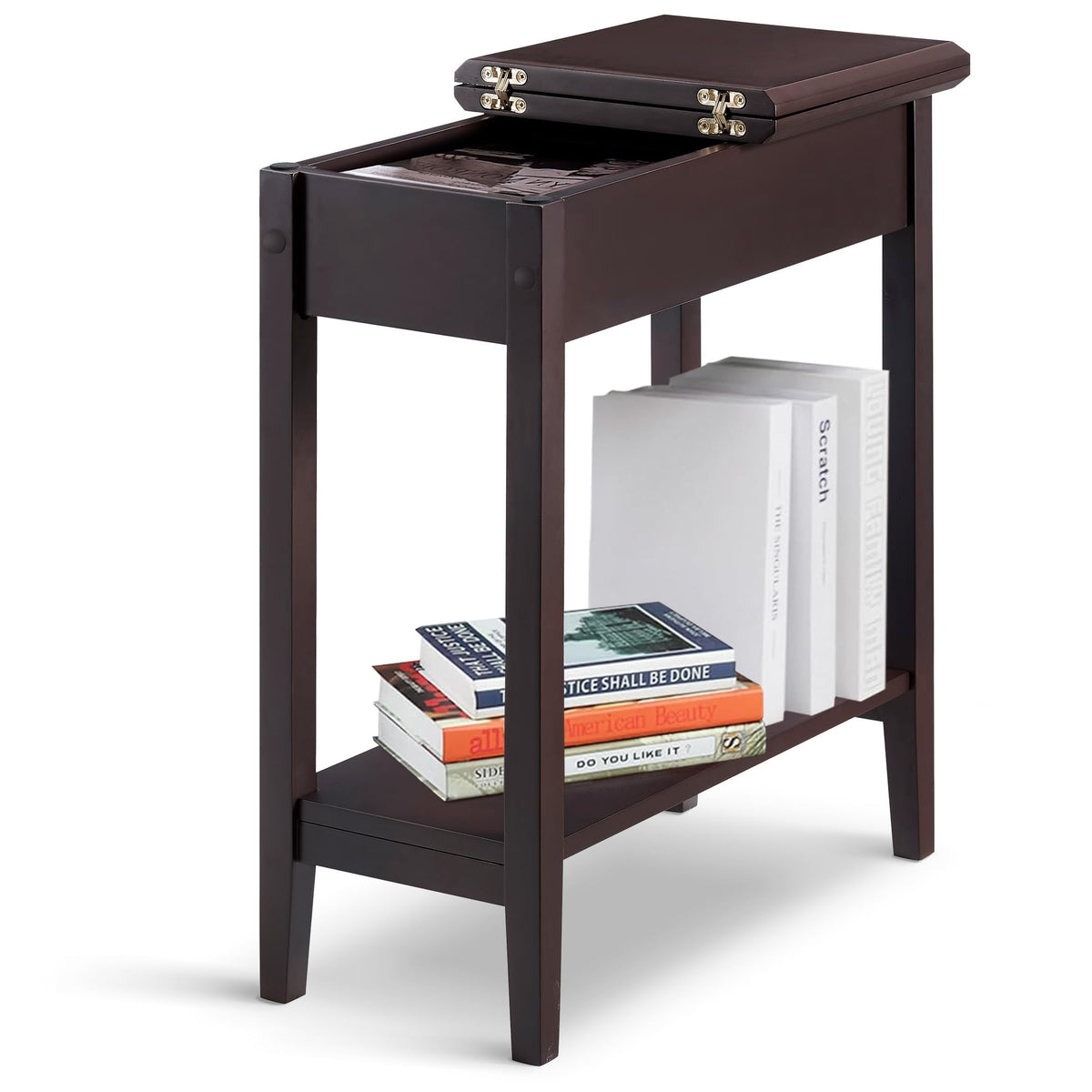 Roxy flip top chairside table   hidden storage with drawer & shelf   espresso