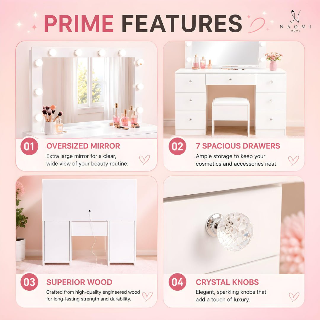 Vera 7-Drawer Makeup Vanity with LED Mirror – White