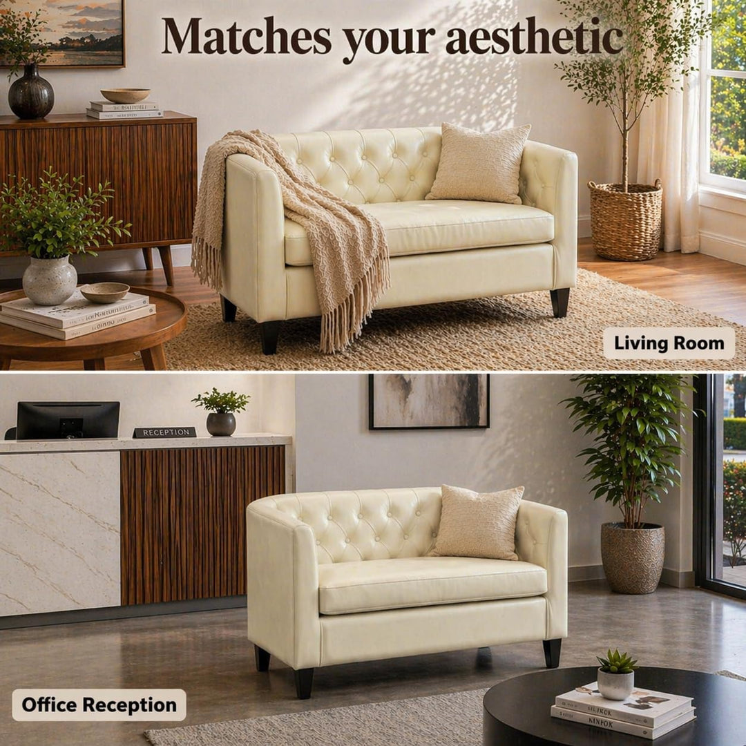 Emma Tufted Barrel Loveseat with Faux Leather Upholstery - Cream
