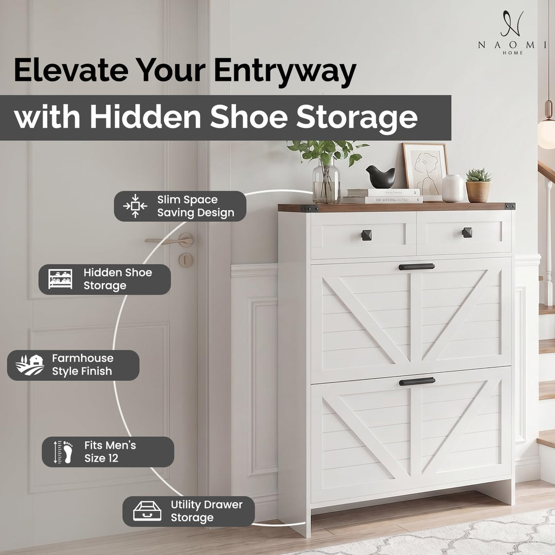 Berenice Farmhouse Shoe Cabinet with 2 Flip Drawers - White