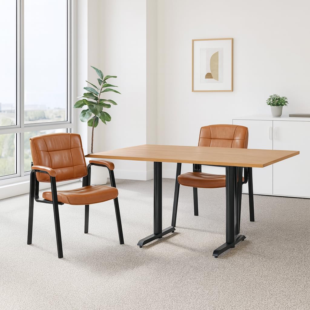 Mindy Reception Chair - Faux Leather Upholstery with Padded Arms - Caramel / Set of 2