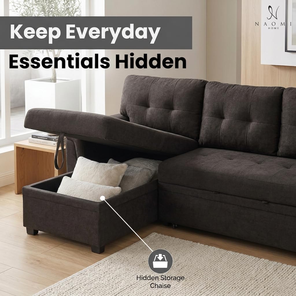 Laura 84" L-Shaped Sleeper Sectional Sofa with Storage Chaise - Espresso / Velvet