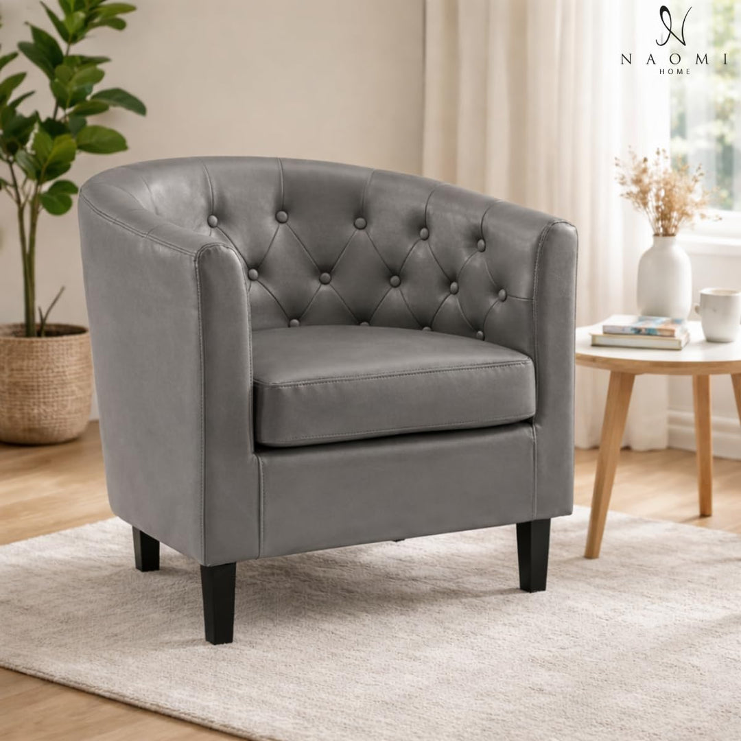 Emma Button-Tufted Faux Leather Barrel Accent Chair - Gray