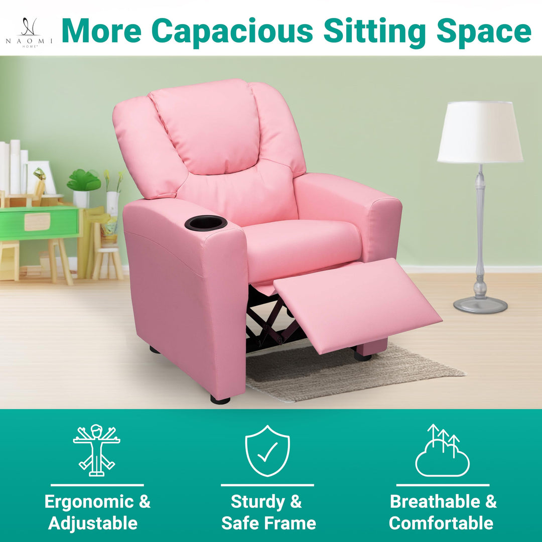 Suri Push Back Kids Recliner with Footrest & Cup Holders - Pink / Pvc