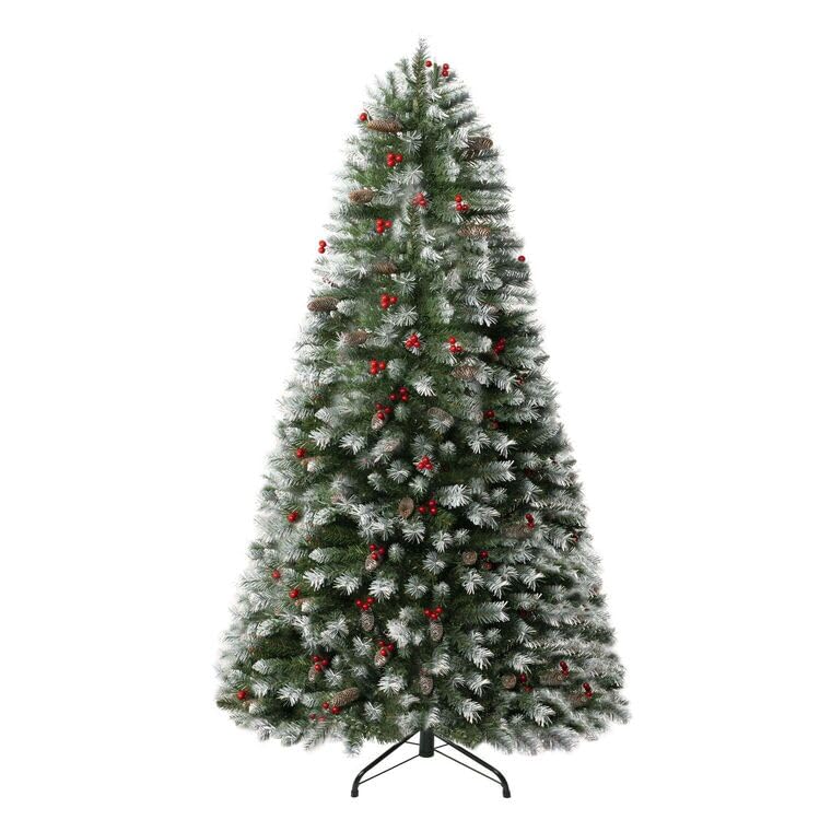 Vancouver Spruce Frosted Pre-Lit Christmas Tree with Pine Cones Berries - 7.5 ft