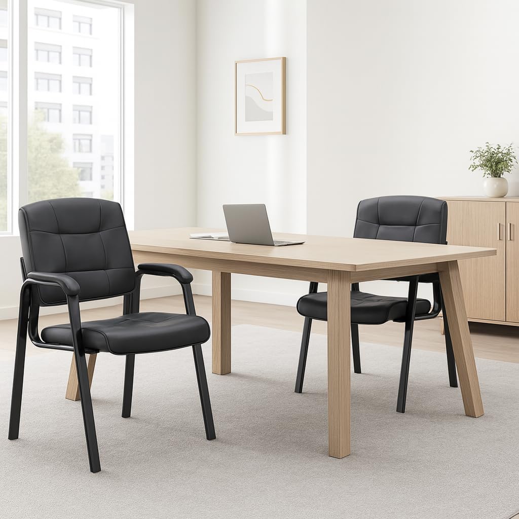 Mindy Reception Chair - Faux Leather Upholstery with Padded Arms - Black / Set of 2
