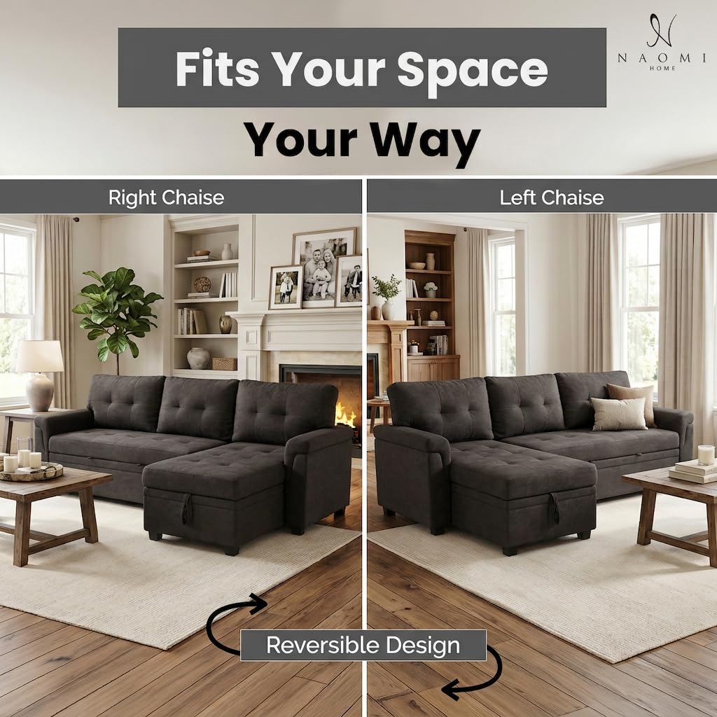 Laura 84" L-Shaped Sleeper Sectional Sofa with Storage Chaise - Espresso / Velvet