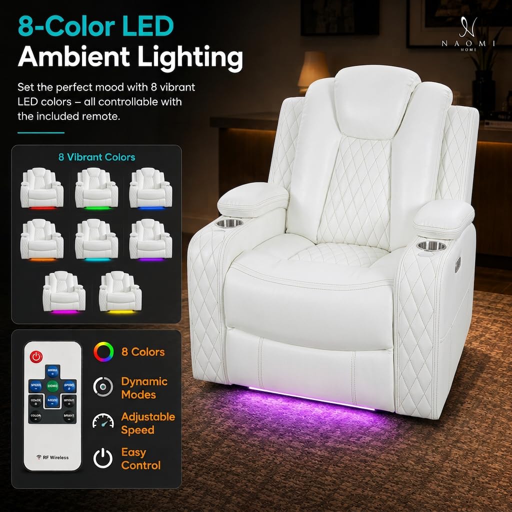Chicago Power Recliner with LED Lights & USB Charging - White
