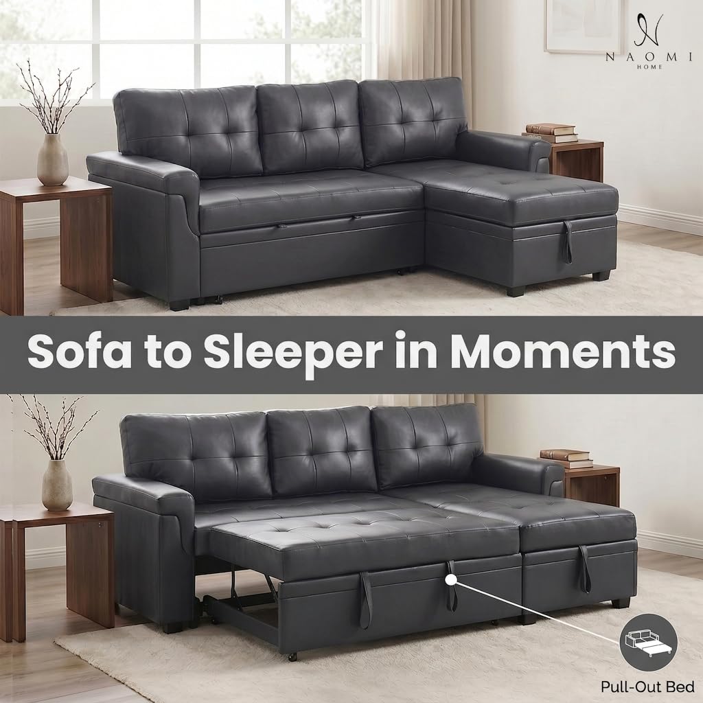 Laura 84" L-Shaped Sleeper Sectional Sofa with Storage Chaise - Dark Gray / Air Leather