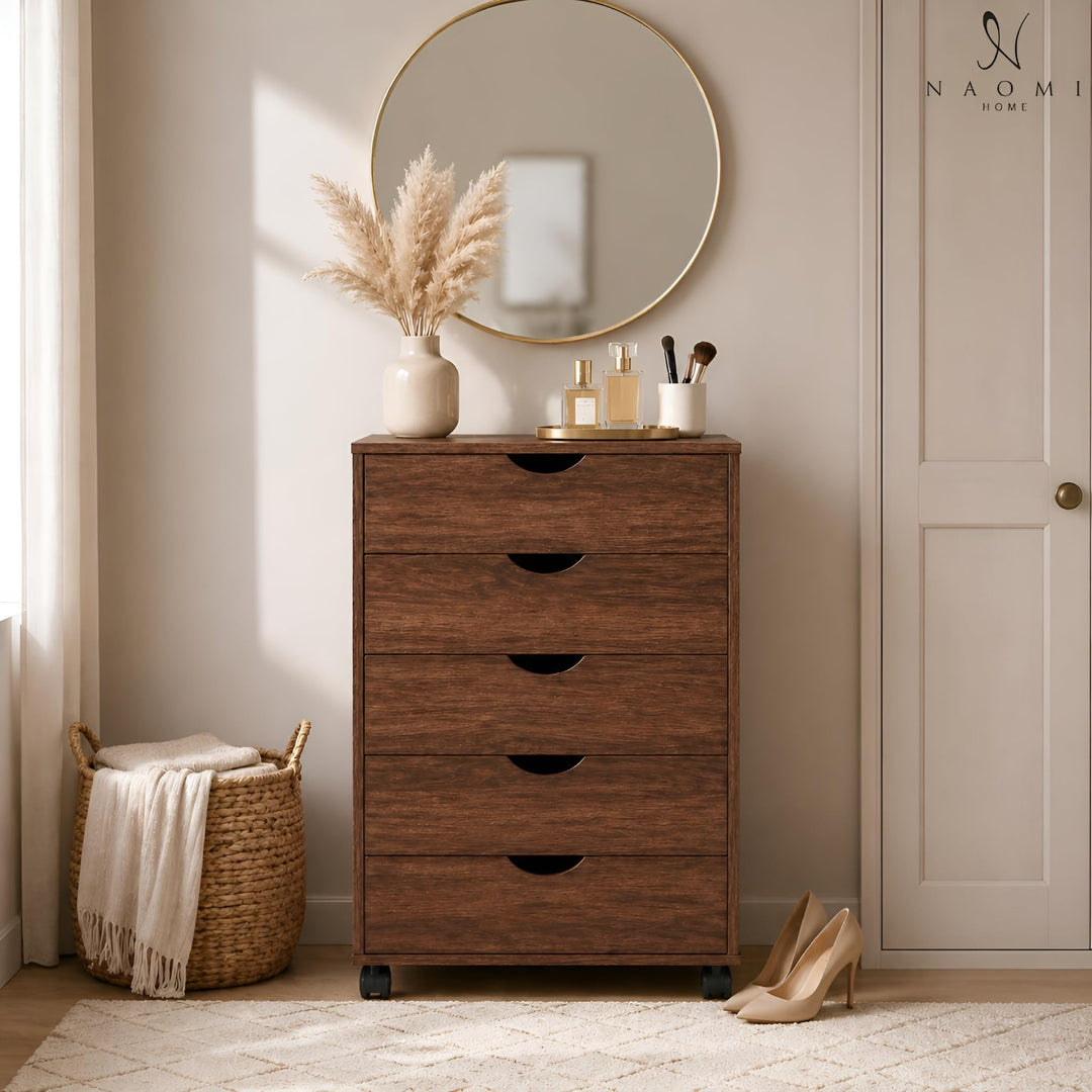 Taylor 5-Drawer Storage Cabinet with Wheels & Tabletop - Brown Oak