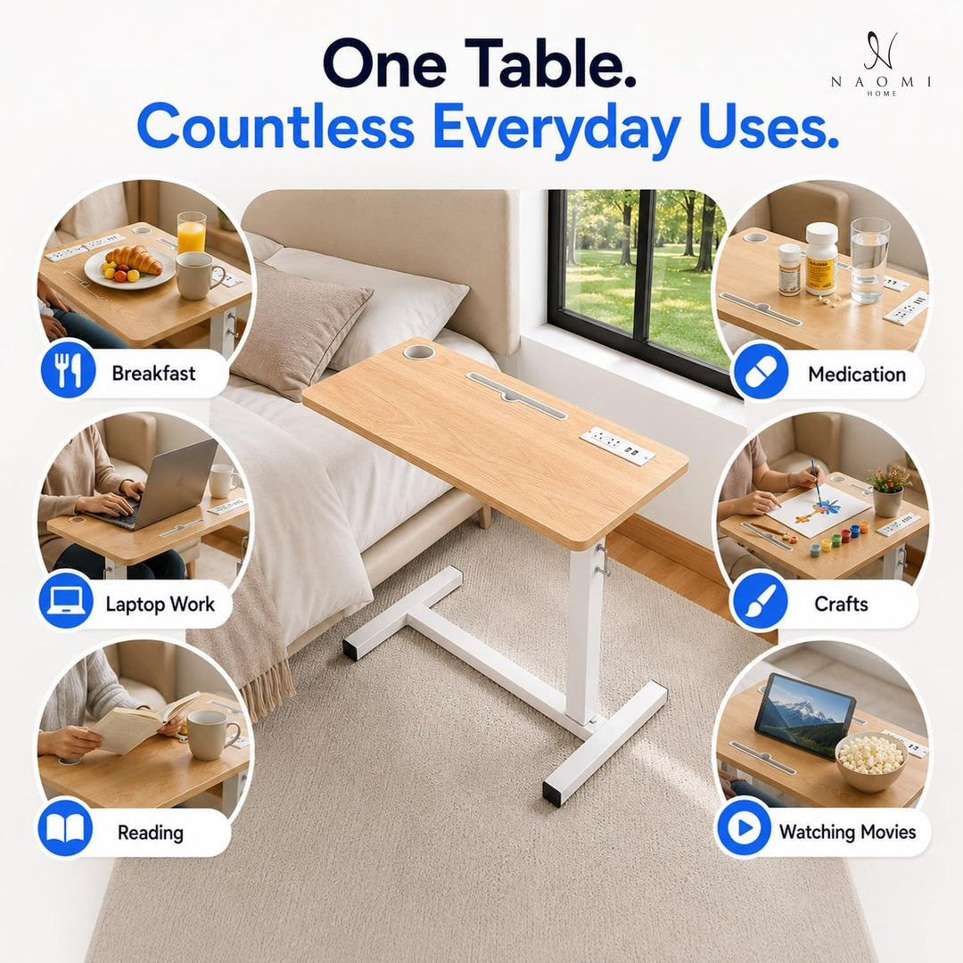 Adjustable Overbed Table with Charging Station - Natural / White
