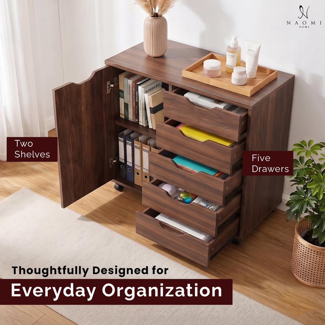 Amy 5-Drawer Storage Cabinet with 2 Shelves & Wheels - Brown Oak