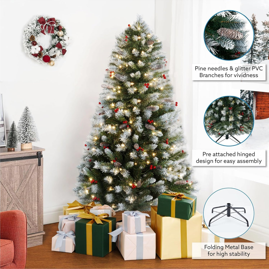 Vancouver Spruce Frosted Pre-Lit Christmas Tree with Pine Cones Berries - 7.5 ft