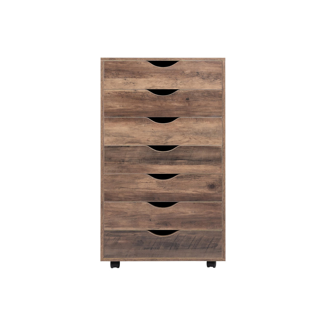 Debbie 7-Drawer Storage Cabinet with Wheels & Tabletop - Brown Oak