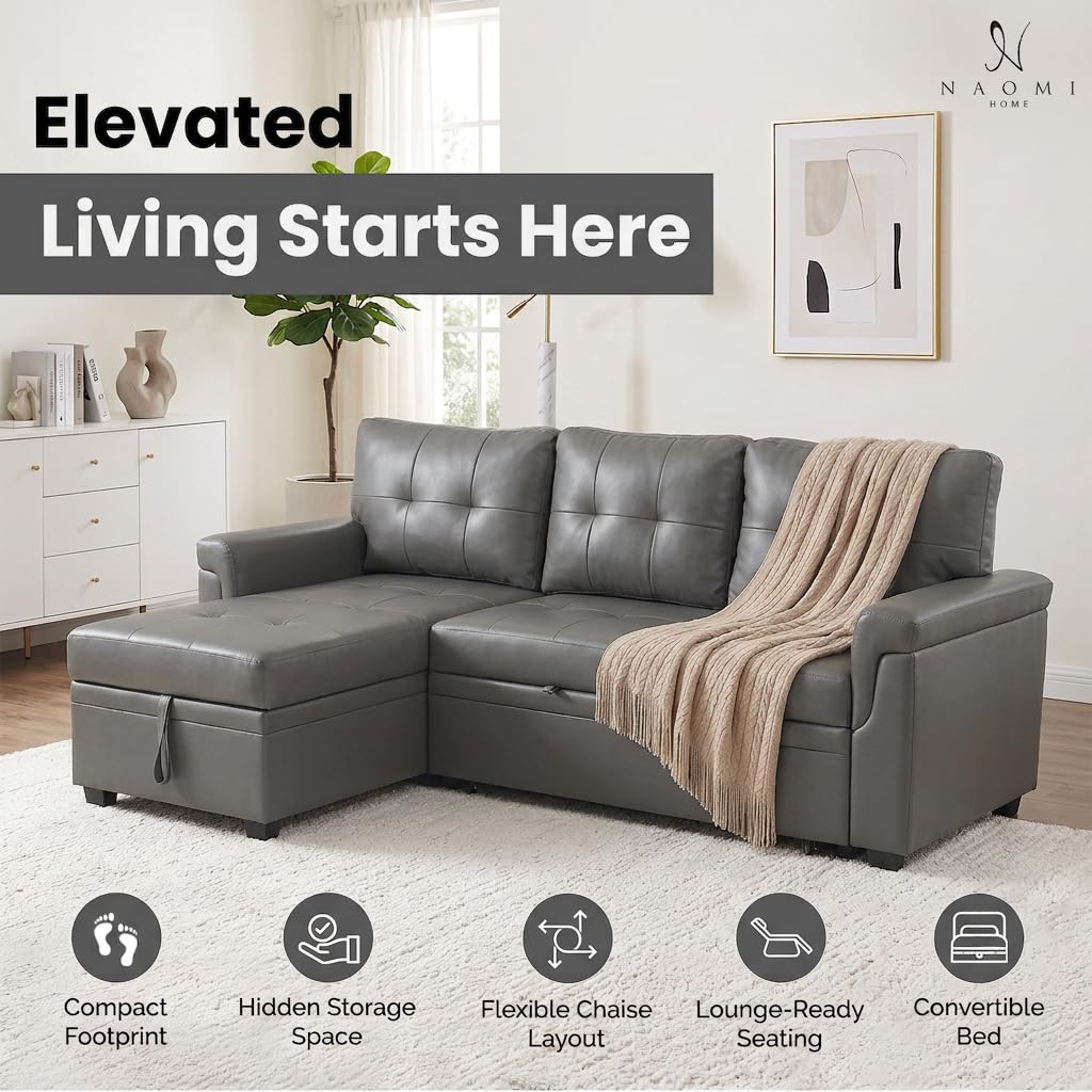 Laura 84" L-Shaped Sleeper Sectional Sofa with Storage Chaise - Gray / Air Leather