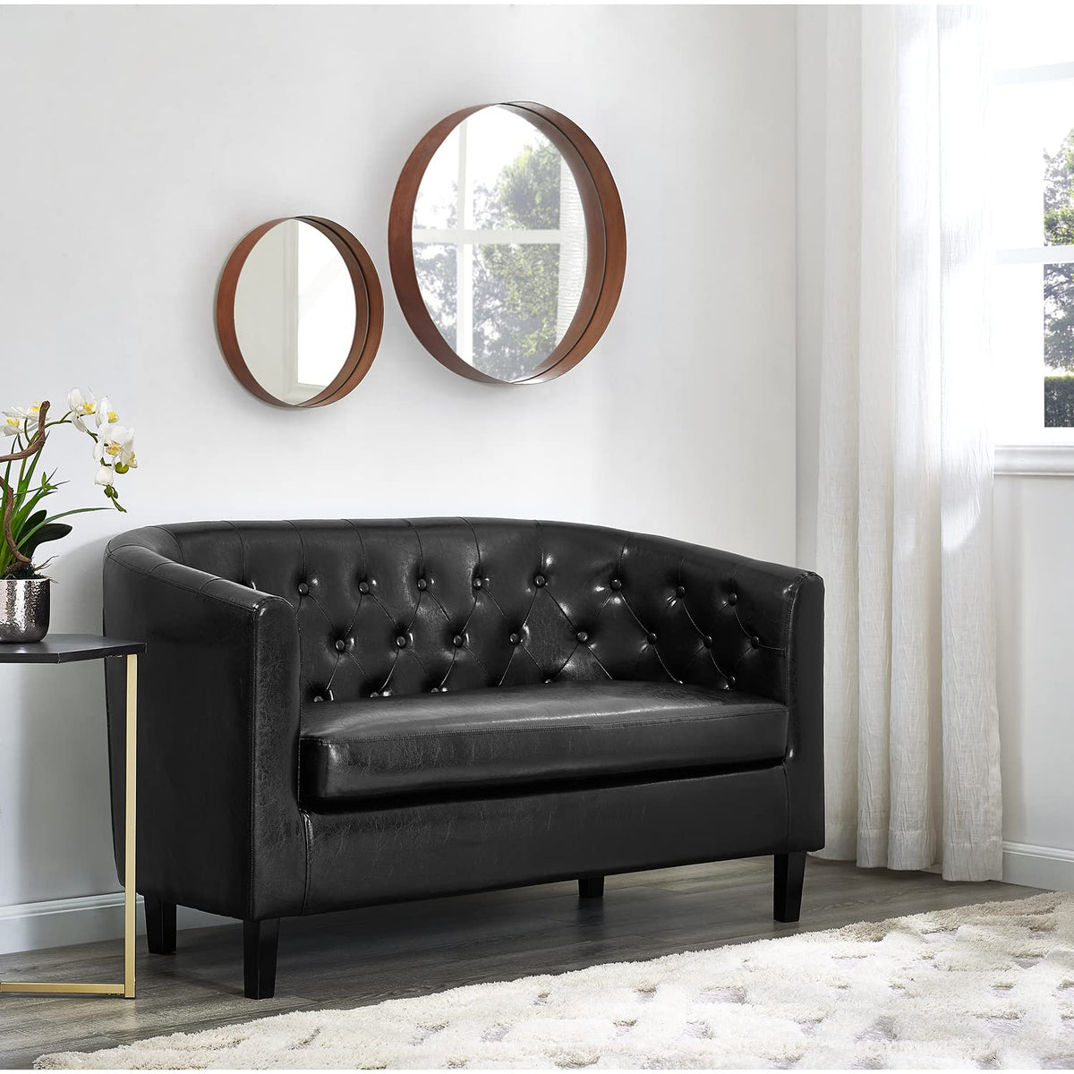 Emma tufted barrel loveseat with faux leather upholstery   black