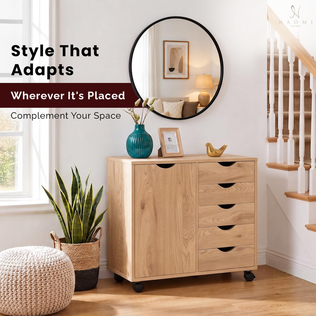 Amy 5-Drawer Storage Cabinet with 2 Shelves & Wheels - Natural