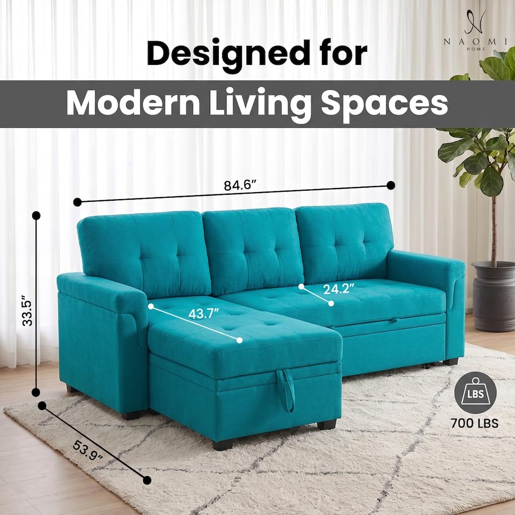 Laura 84" L-Shaped Sleeper Sectional Sofa with Storage Chaise - Teal / Velvet