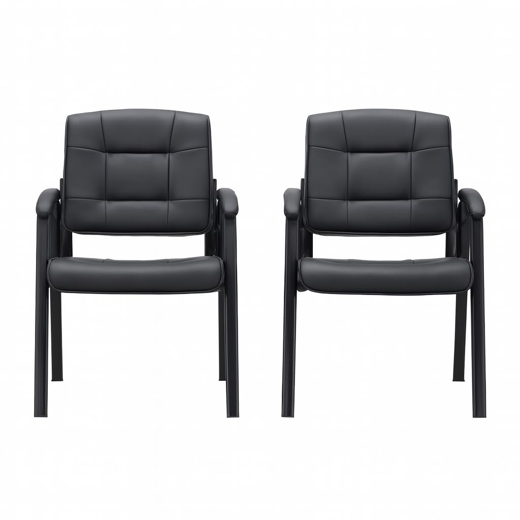 Mindy Reception Chair - Faux Leather Upholstery with Padded Arms - Black / Set of 2
