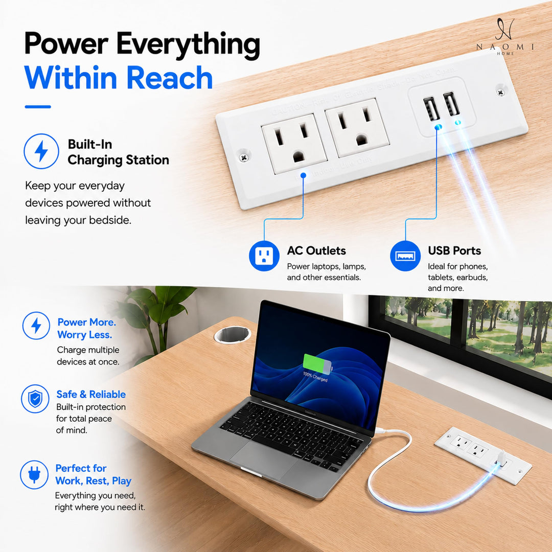 Adjustable Overbed Table with Charging Station - Natural / White