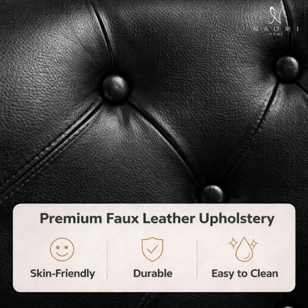 Emma Button-Tufted Faux Leather Barrel Accent Chair - Black