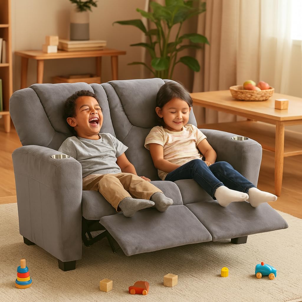 Suri Kids Recliner Loveseat with Dual Cup Holders - Gray / Microfiber