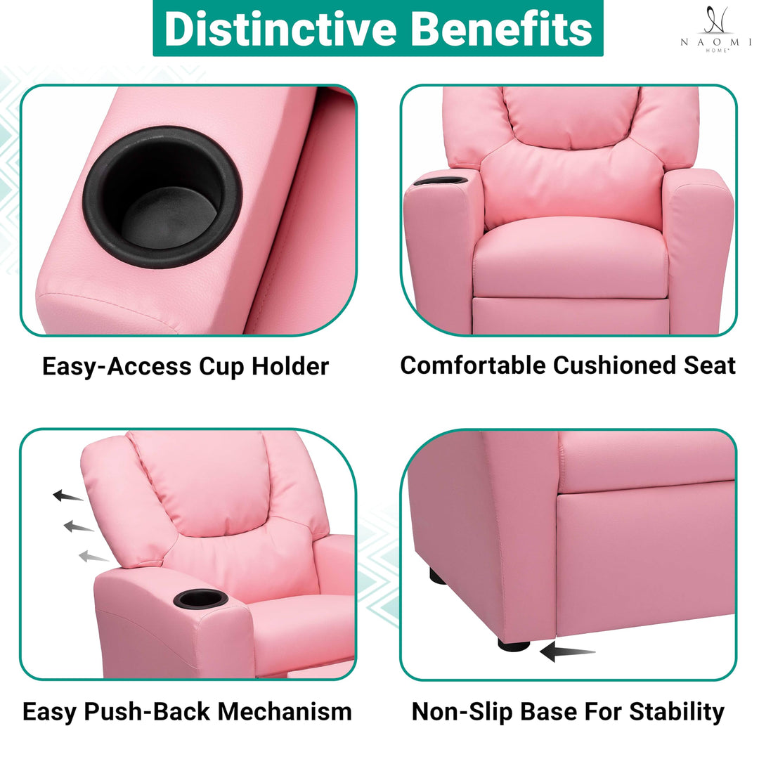 Suri Push Back Kids Recliner with Footrest & Cup Holders - Pink / Pvc