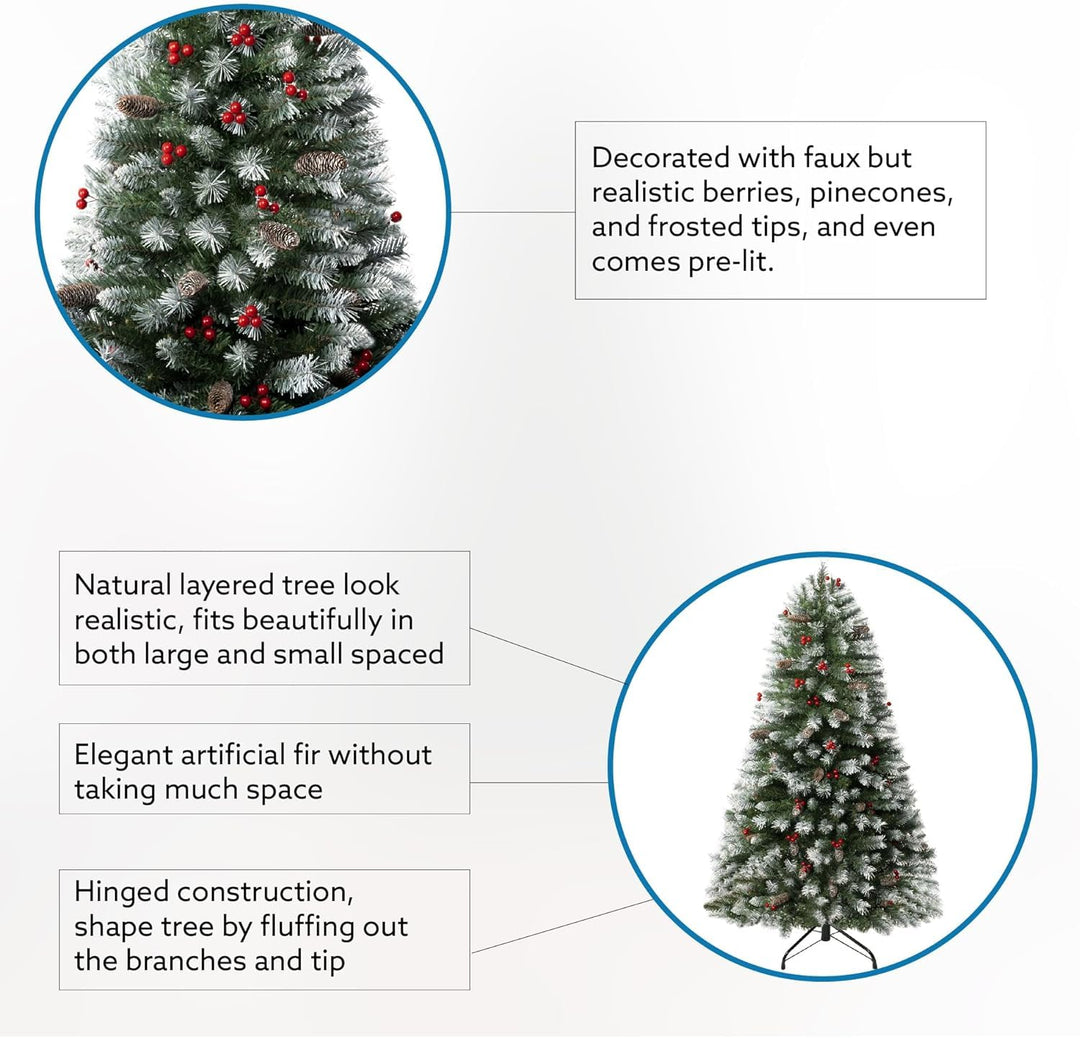 Vancouver Spruce Frosted Pre-Lit Christmas Tree with Pine Cones Berries - 7.5 ft